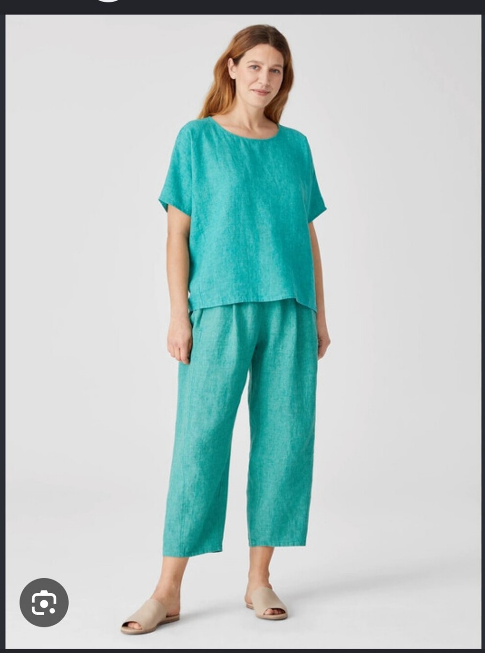 Eileen Fisher SET Of Washed 100% Organic Linen Delave Pants & Top Aqua Teal M